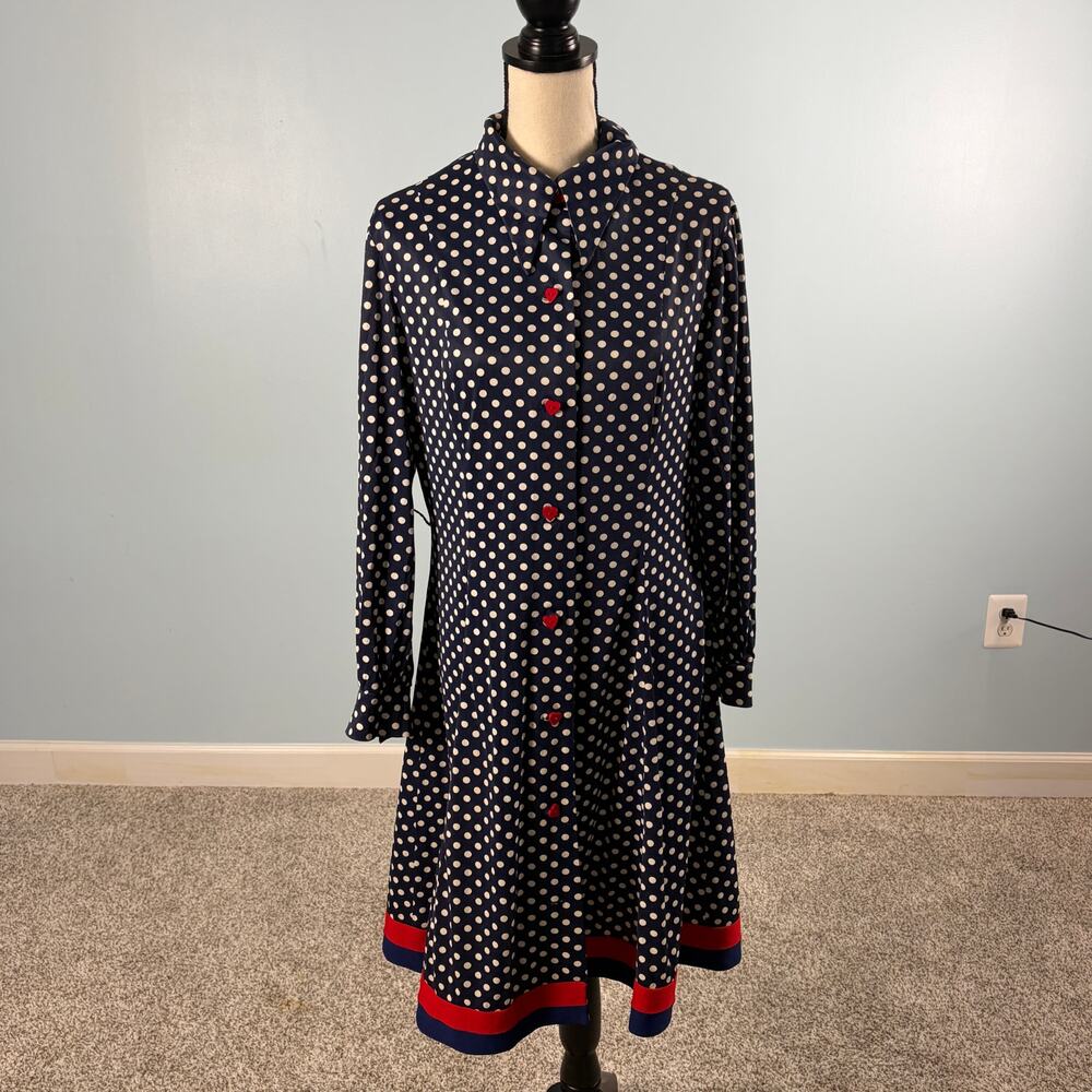 Vintage Navy Polka Dot Rockabilly Dress Heart Buttons Retro Cottagecore Midi